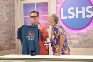 'The Late Show with Stephen Colbert' and guest Jon Stewart during Wednesday’s April 22, 2026 show.