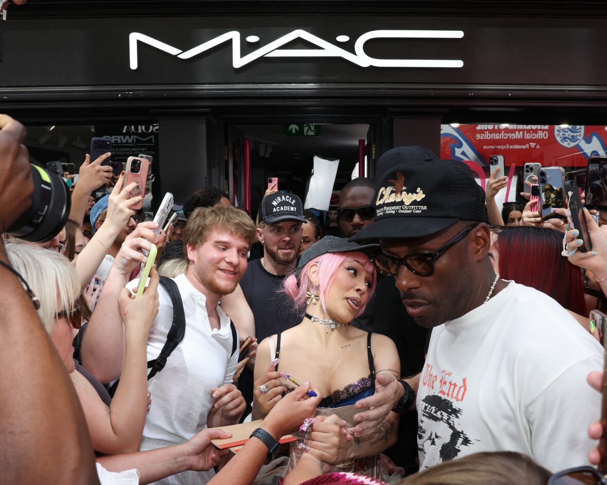 Doja Cat wears Union Jack skirt and corset in London for MAC Cosmetics launch