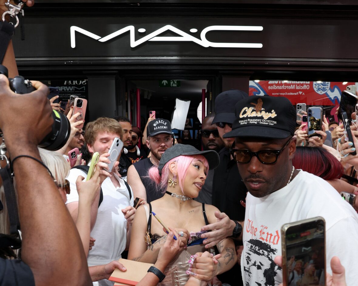 Doja Cat wears Union Jack skirt and corset in London for MAC Cosmetics launch