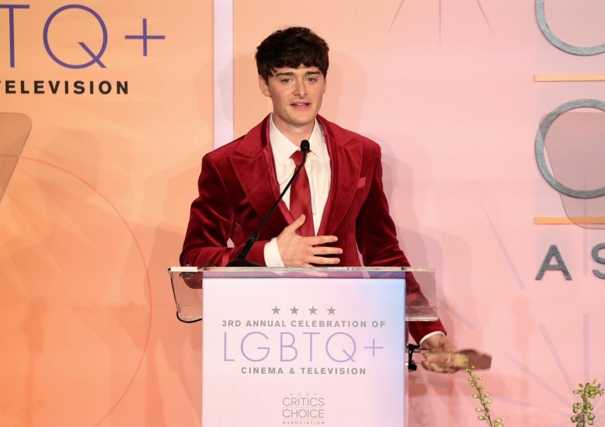 Noah Schnapp speaking during his acceptance speech in Los Angeles