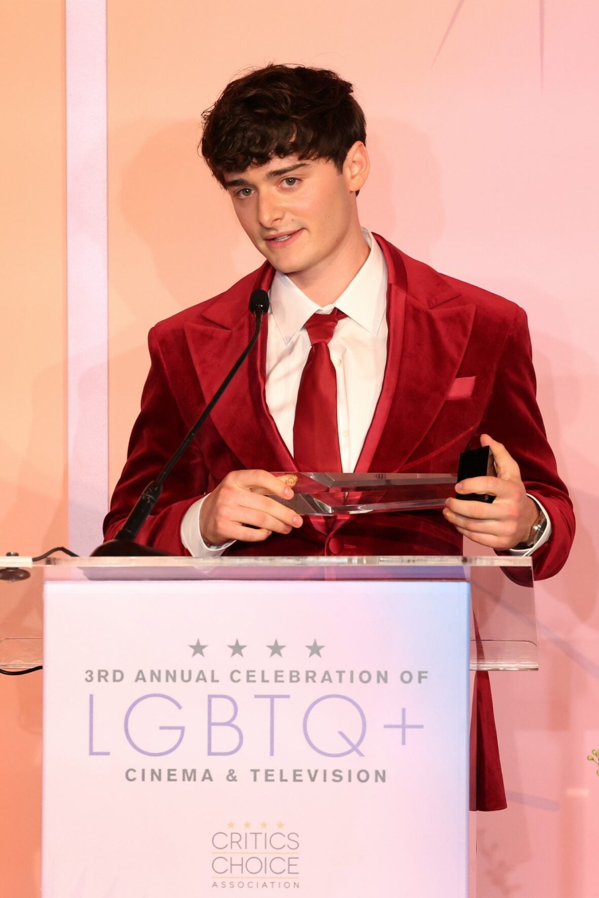 Noah Schnapp speaking during his acceptance speech in Los Angeles