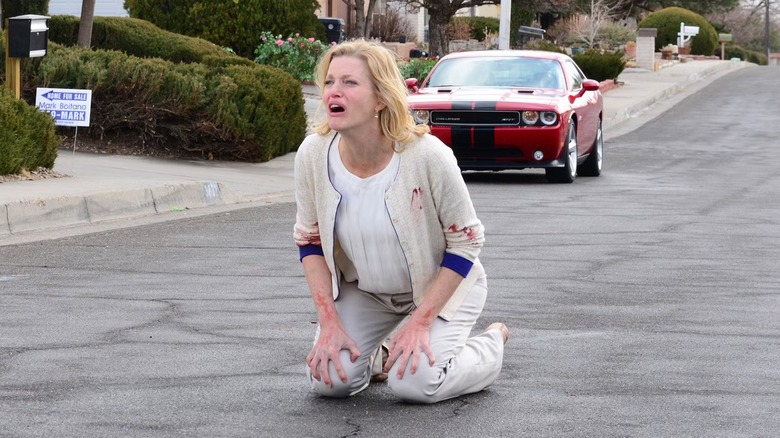 Skyler (Anna Gunn) kneeling on a road on 
