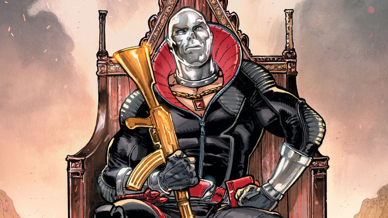 G.I. Joe villain Destro sitting on a throne, holding a golden rifle, on the cover of Destro #1.