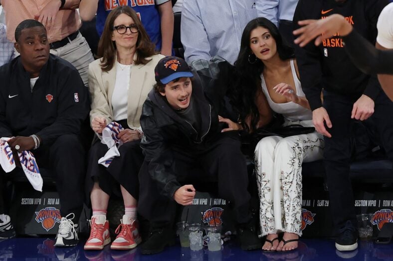 Tina Fey at the Knicks game next to Timothee Chalamet