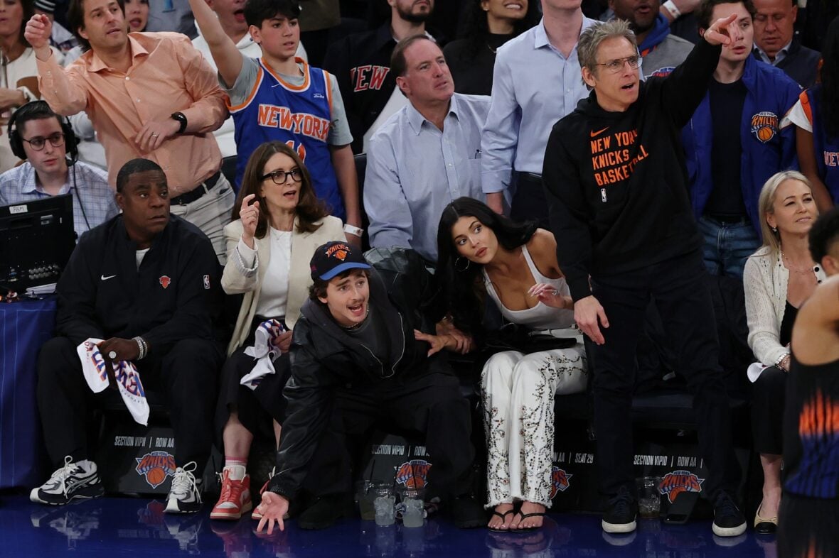 Tina Fey at the Knicks game next to Timothee Chalamet