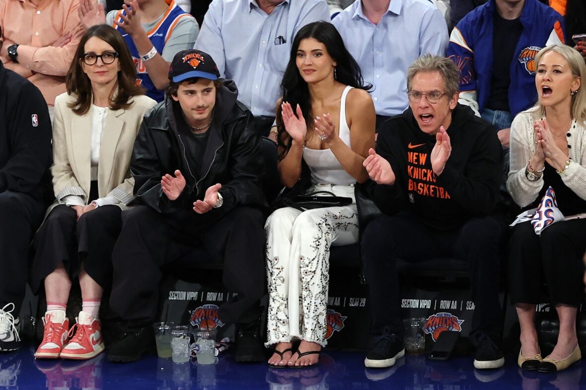 Tina Fey at the Knicks game next to Timothee Chalamet