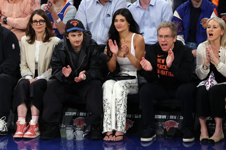 Tina Fey at the Knicks game next to Timothee Chalamet