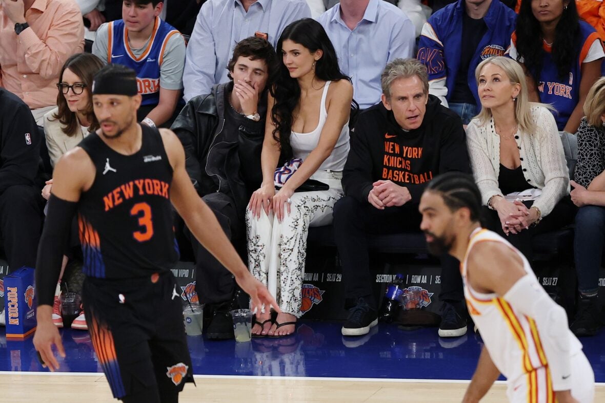 Tina Fey at the Knicks game next to Timothee Chalamet