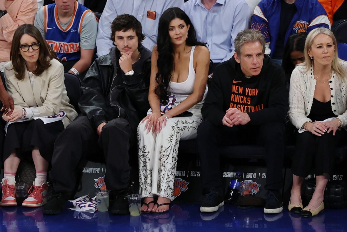 Tina Fey at the Knicks game next to Timothee Chalamet