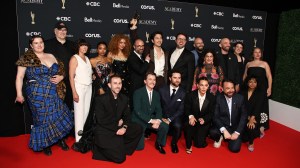 TORONTO, ONTARIO - MAY 31: Cast and Crew of "Heated Rivalry", including (L-R) Rachel Reid, Nadine Bhabha, Ksenia Daniela Kharlamova, Jacob Tierney, Hudson Williams, Brendan Brady, Robbie Graham-Kuntz, and Sophie Nélisse celebrate during the 2026 Canadian Screen Awards at CBC Broadcast Centre on May 31, 2026 in Toronto, Ontario. (Photo by Jeremychanphotography/Getty Images)