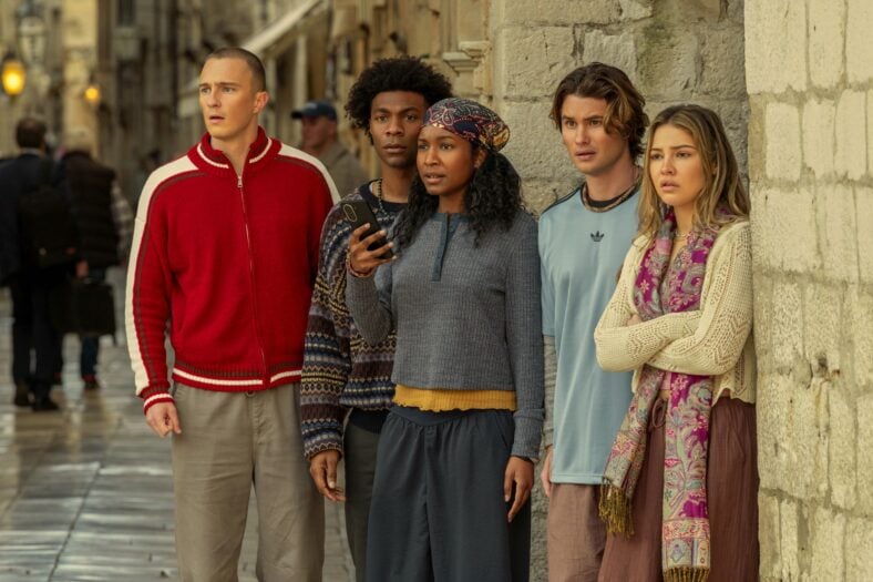 Still of Carlacia Grant with Outer Banks co-stars in final season