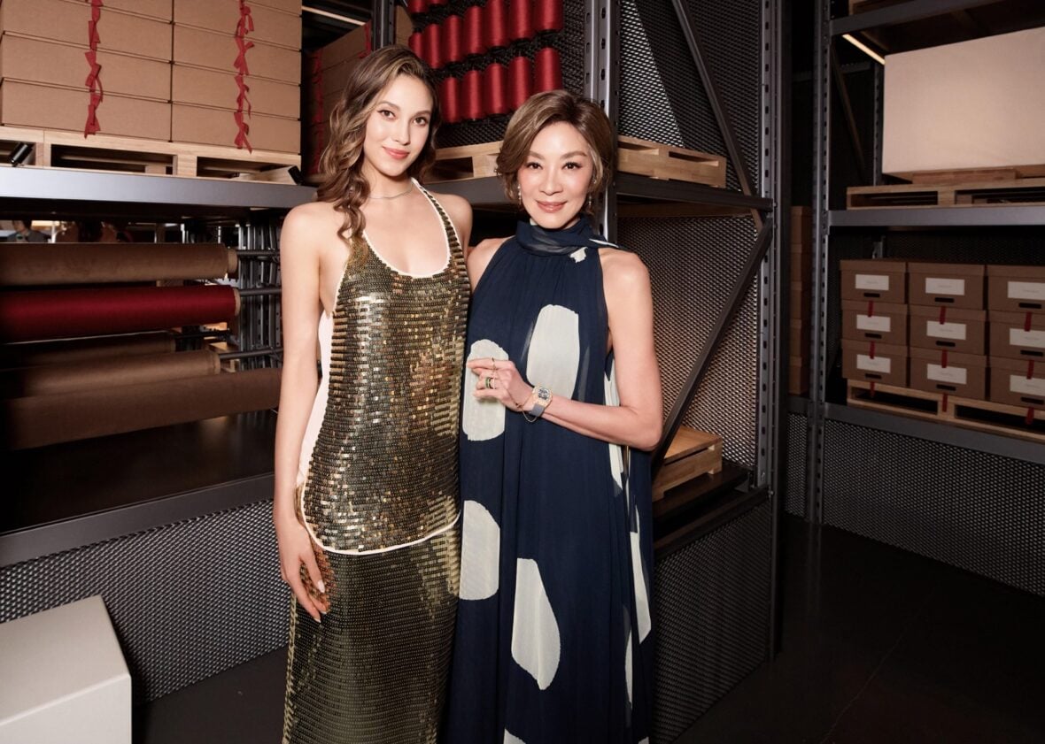 Eileen Gu and Michelle Yeoh pose at the Max Mara fashion show in Shanghai