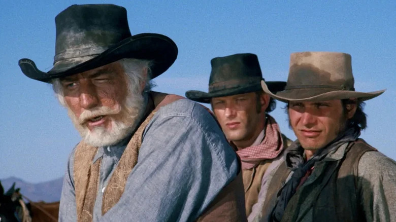 Harrison Ford as Print alongside other cowboys in Gunsmoke (1955)