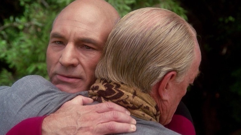 Picard (Patrick Stewart) hugging Robert (Jeremy Kemp) on 