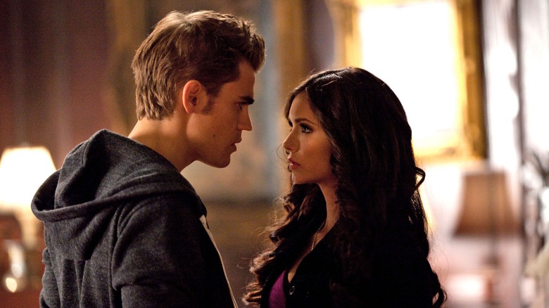 Stefan Salvatore (Paul Wesley) faces Elena Gilbert (Nina Dobrev) in a publicity still for The Vampire Diaries Season 2, Episode 4