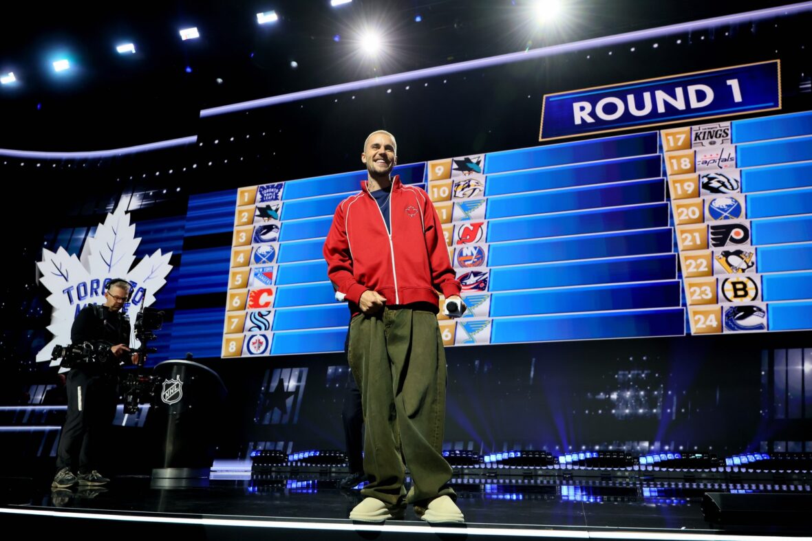 Justin Bieber of Canada looks on during day one of the 2026 NHL Draft