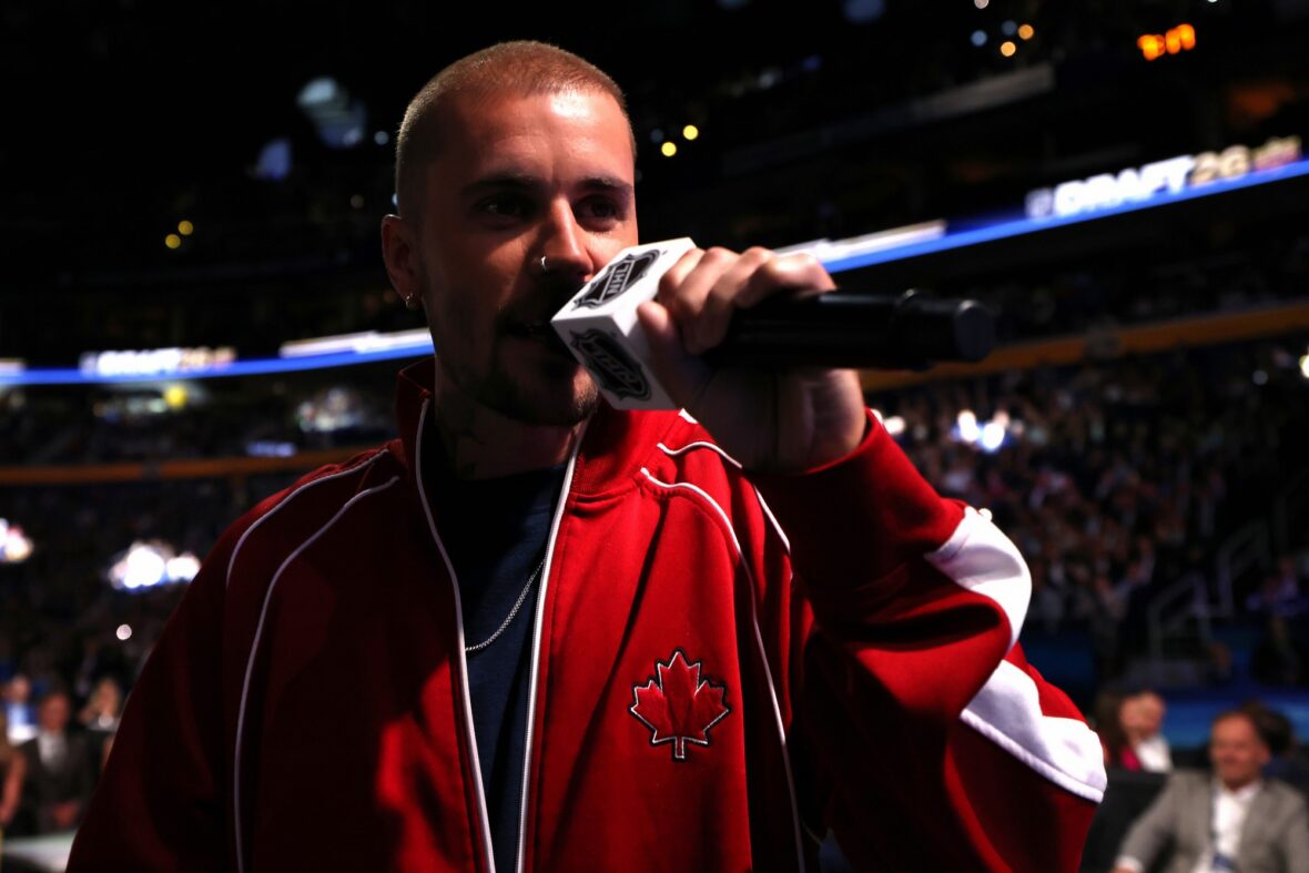 Justin Bieber of Canada looks on during day one of the 2026 NHL Draft