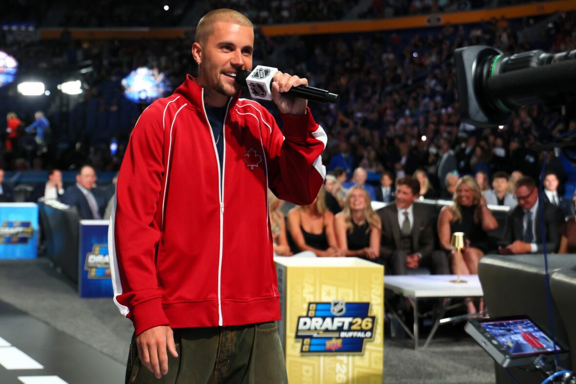 Justin Bieber of Canada looks on during day one of the 2026 NHL Draft