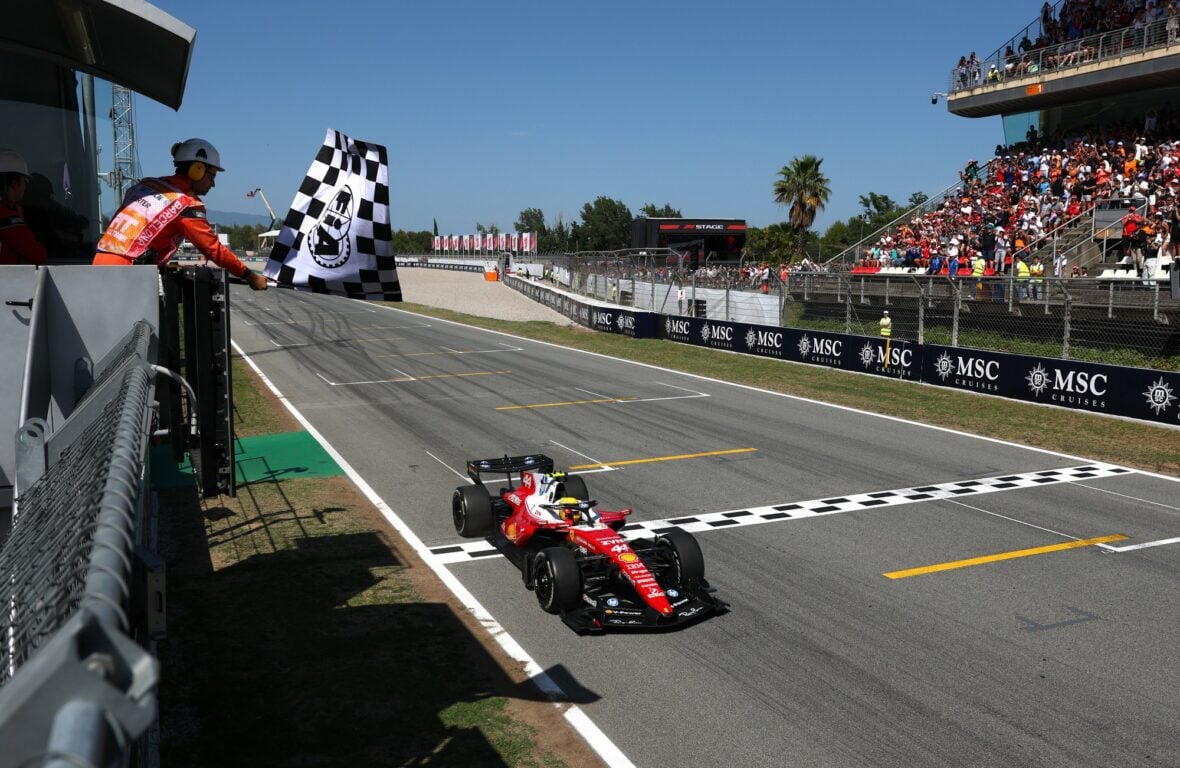 Lewis Hamilton crosses the finish line while winning the Barcelona-Catalunya grand prix