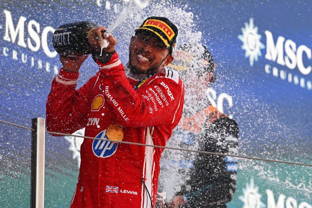 Lewis Hamilton celebrates winning Barcelona-Catalunya grand prix
