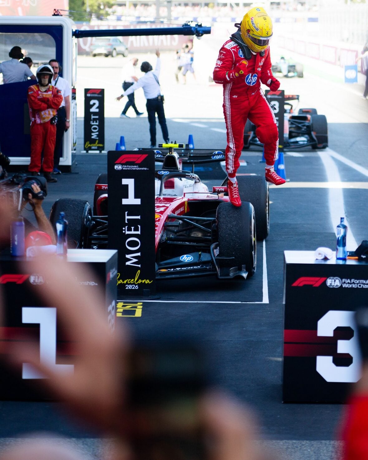 Lewis Hamilton celebrates winning Barcelona-Catalunya grand prix