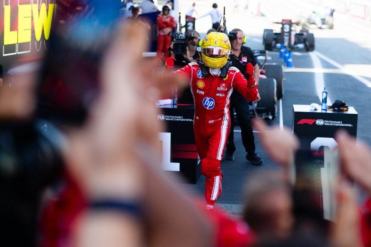Lewis Hamilton celebrates winning Barcelona-Catalunya grand prix