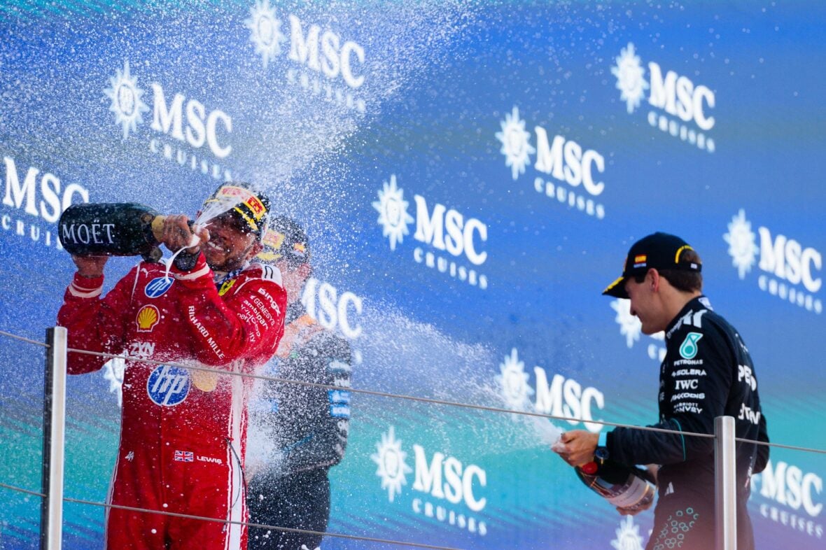 Lewis Hamilton celebrates winning Barcelona-Catalunya grand prix