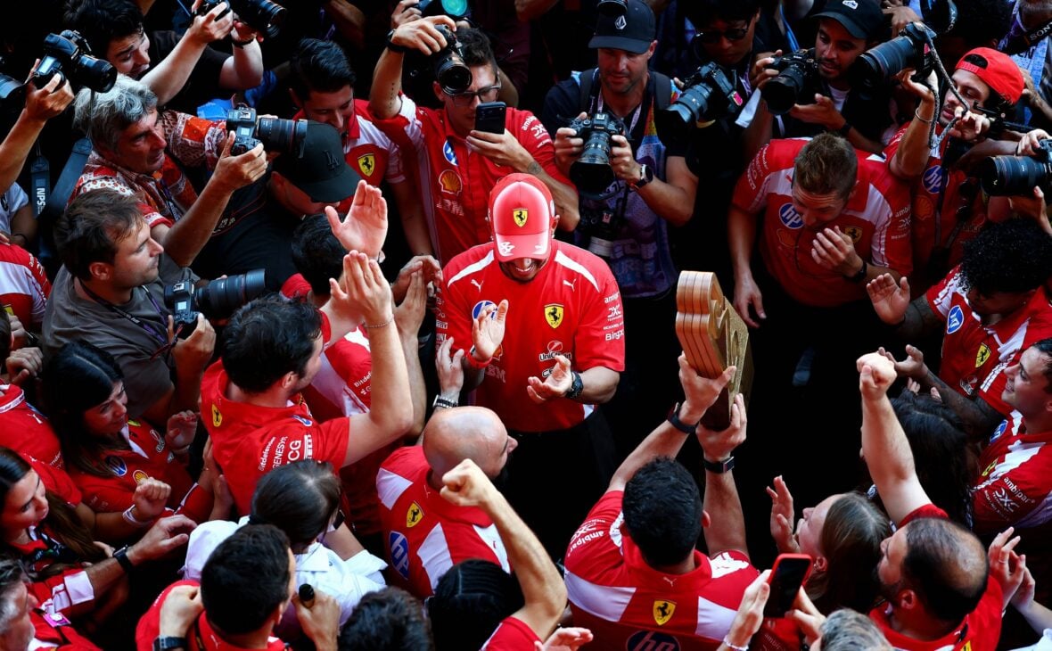 Lewis Hamilton celebrates winning Barcelona-Catalunya grand prix