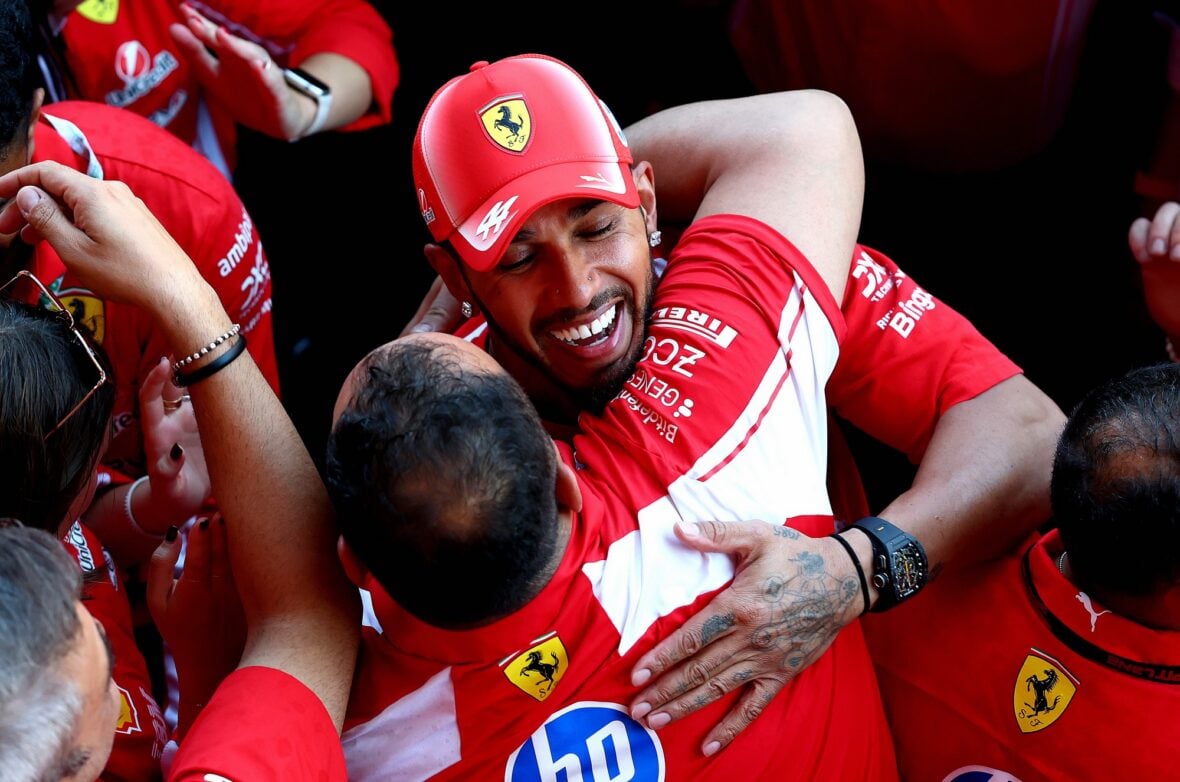 Lewis Hamilton celebrates winning Barcelona-Catalunya grand prix