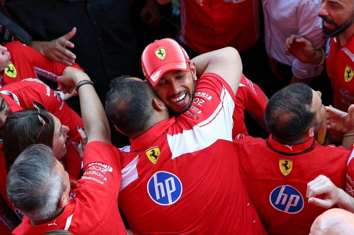Lewis Hamilton celebrates winning Barcelona-Catalunya grand prix