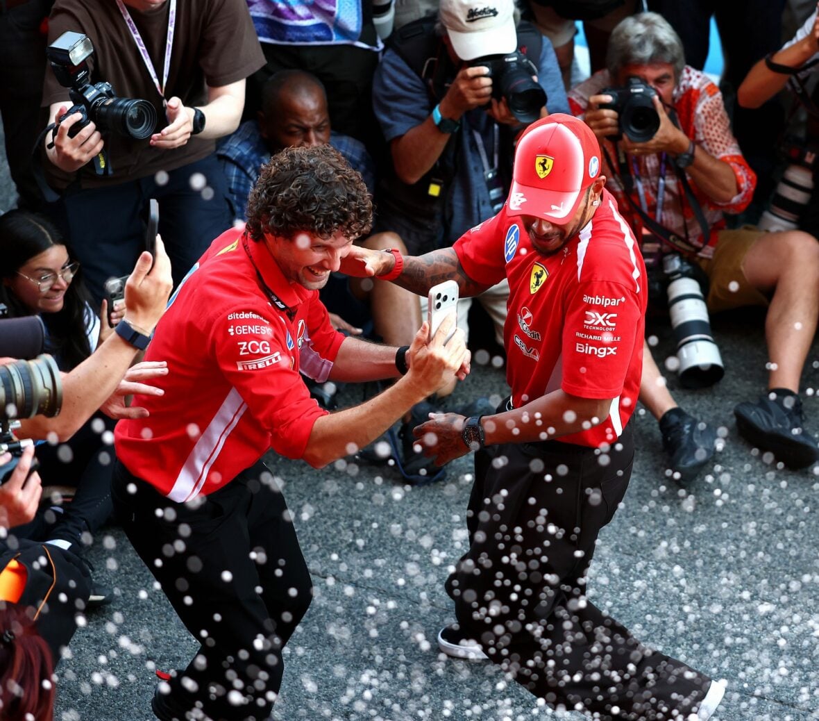 Lewis Hamilton celebrates winning Barcelona-Catalunya grand prix