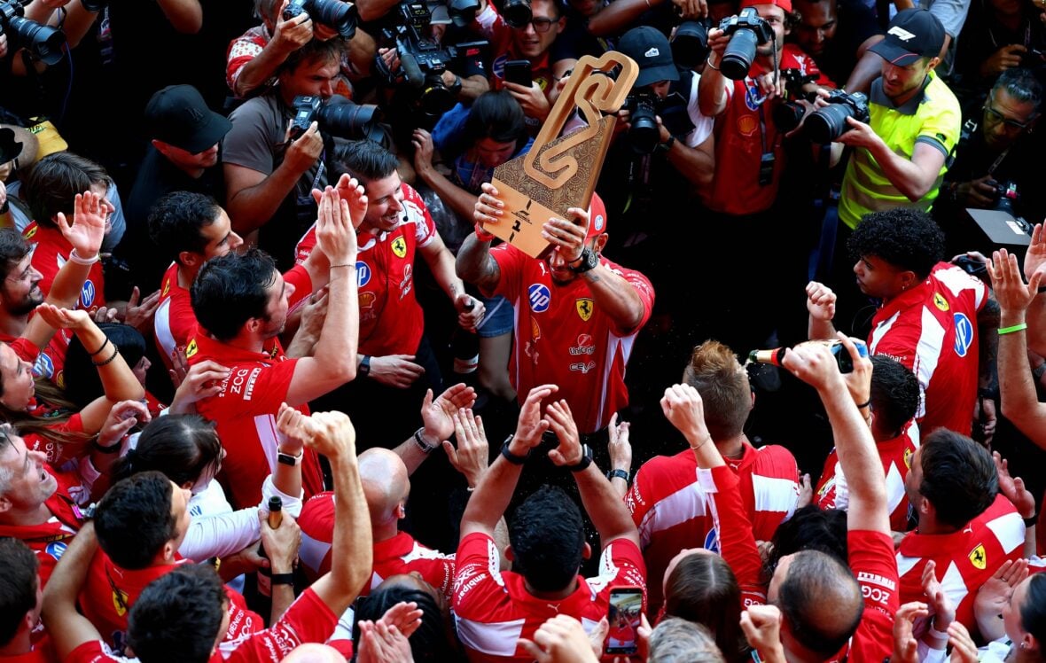 Lewis Hamilton celebrates winning Barcelona-Catalunya grand prix