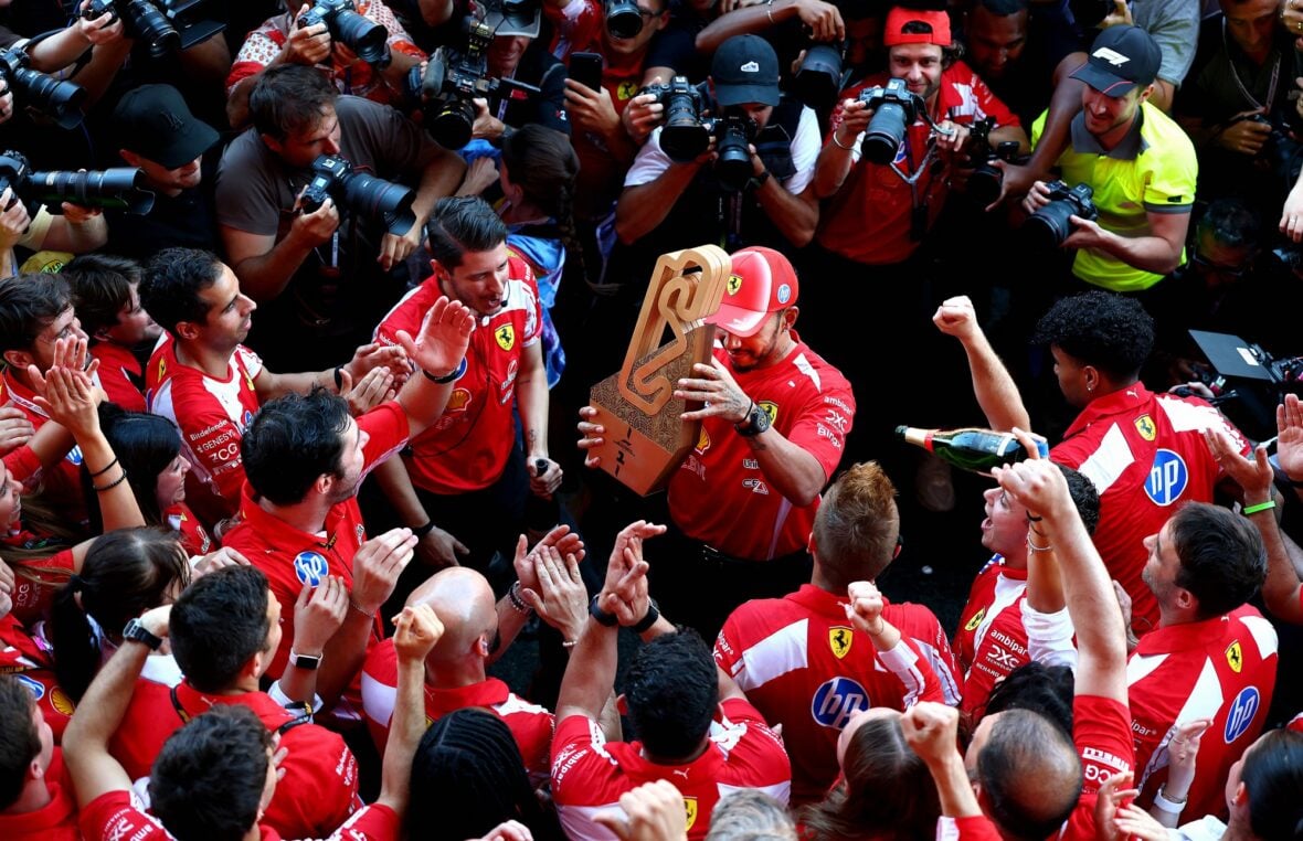 Lewis Hamilton celebrates winning Barcelona-Catalunya grand prix