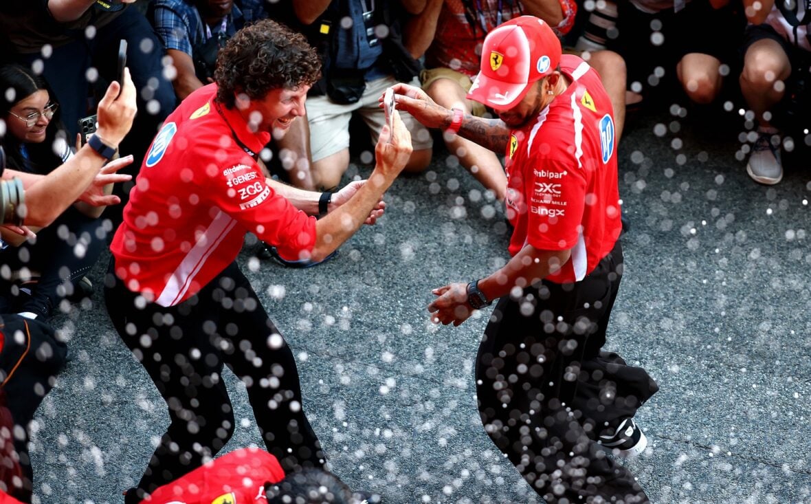 Lewis Hamilton celebrates winning Barcelona-Catalunya grand prix