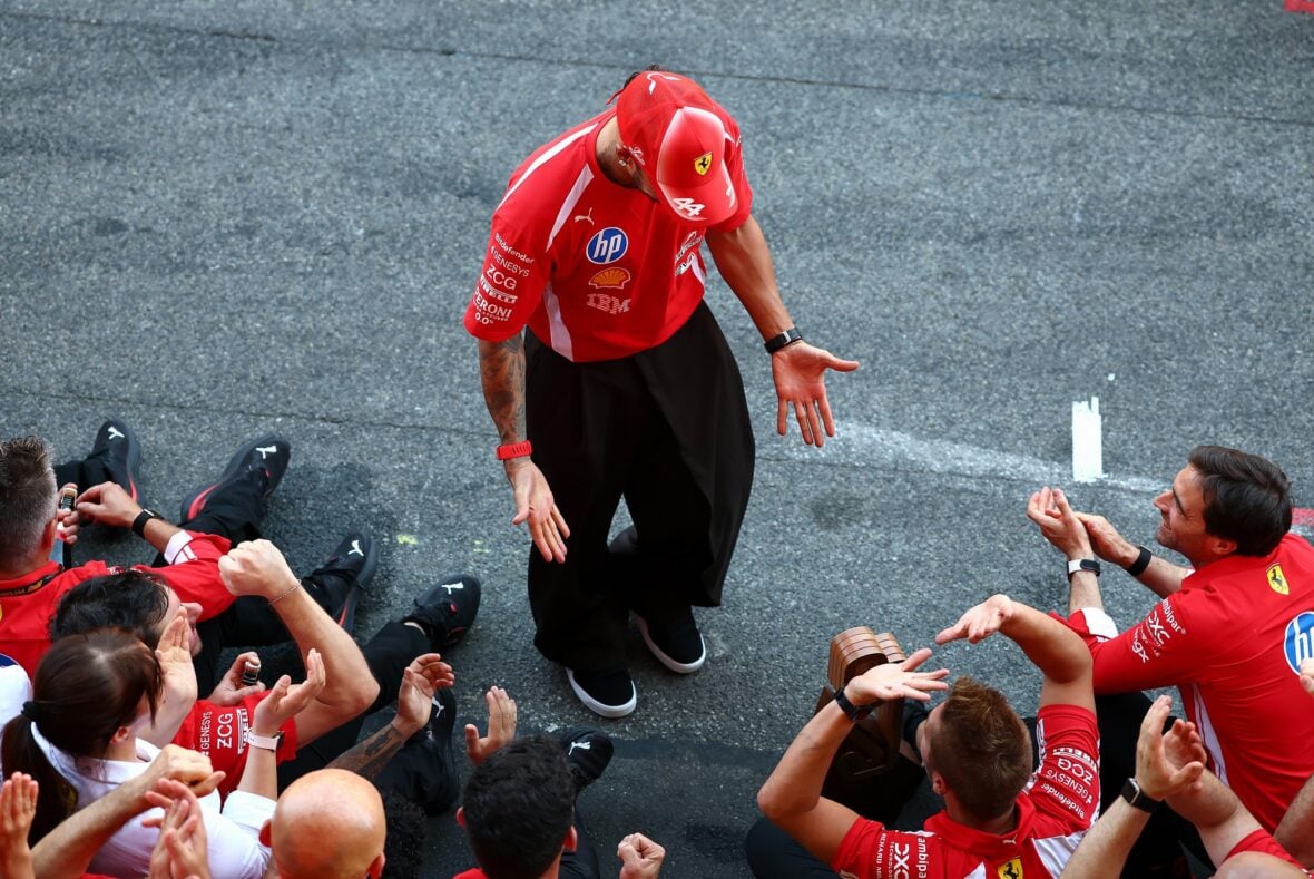 Lewis Hamilton celebrates winning Barcelona-Catalunya grand prix