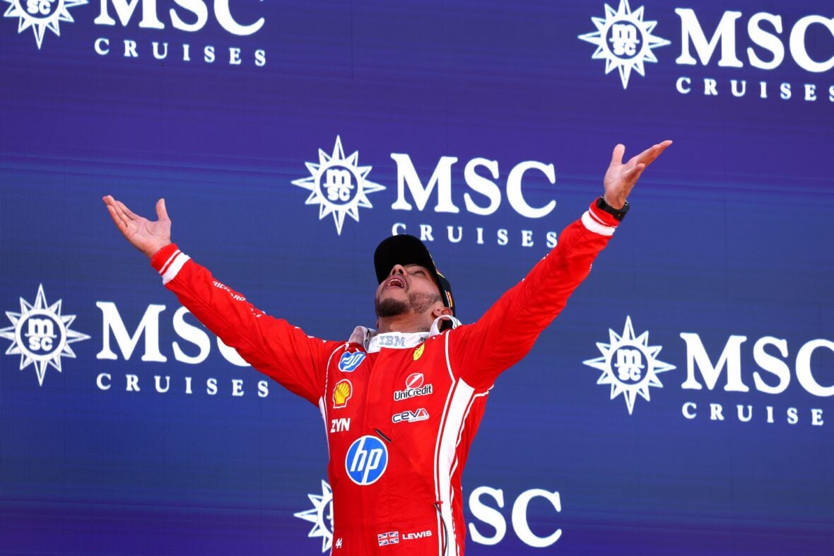 Lewis Hamilton celebrates winning Barcelona-Catalunya grand prix