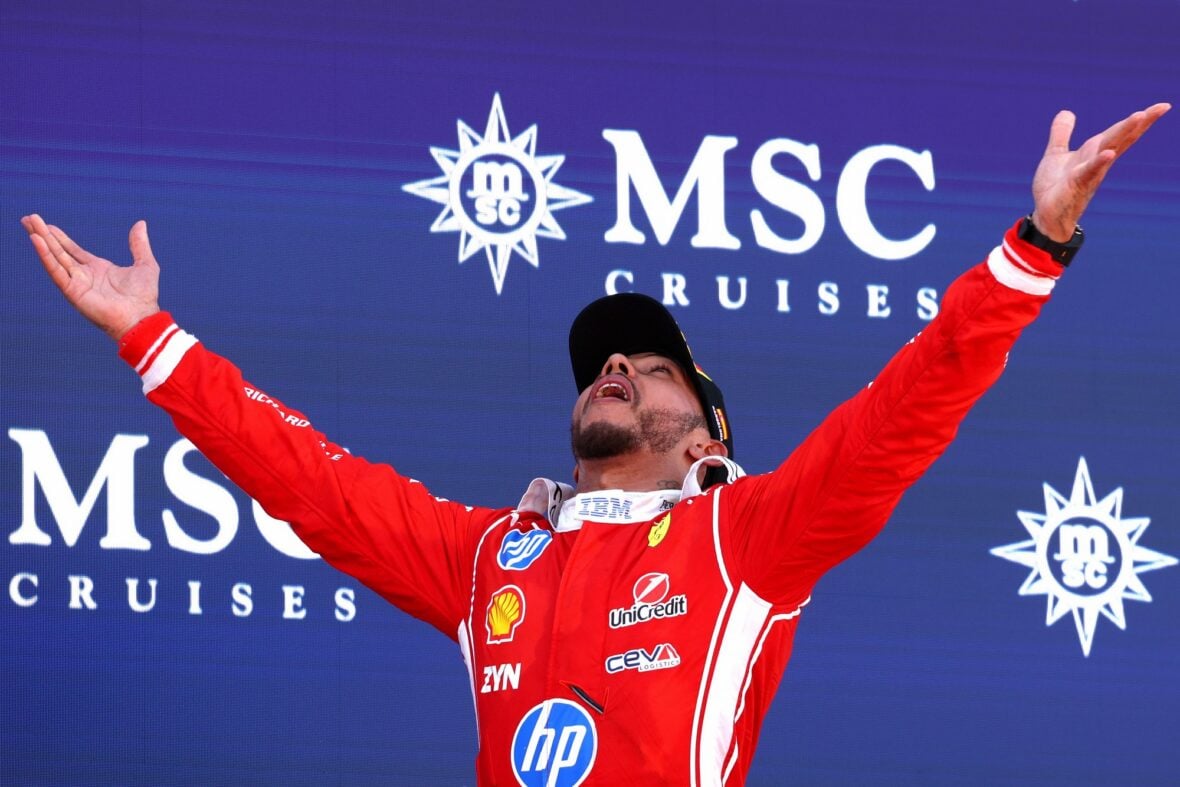 Lewis Hamilton celebrates winning Barcelona-Catalunya grand prix