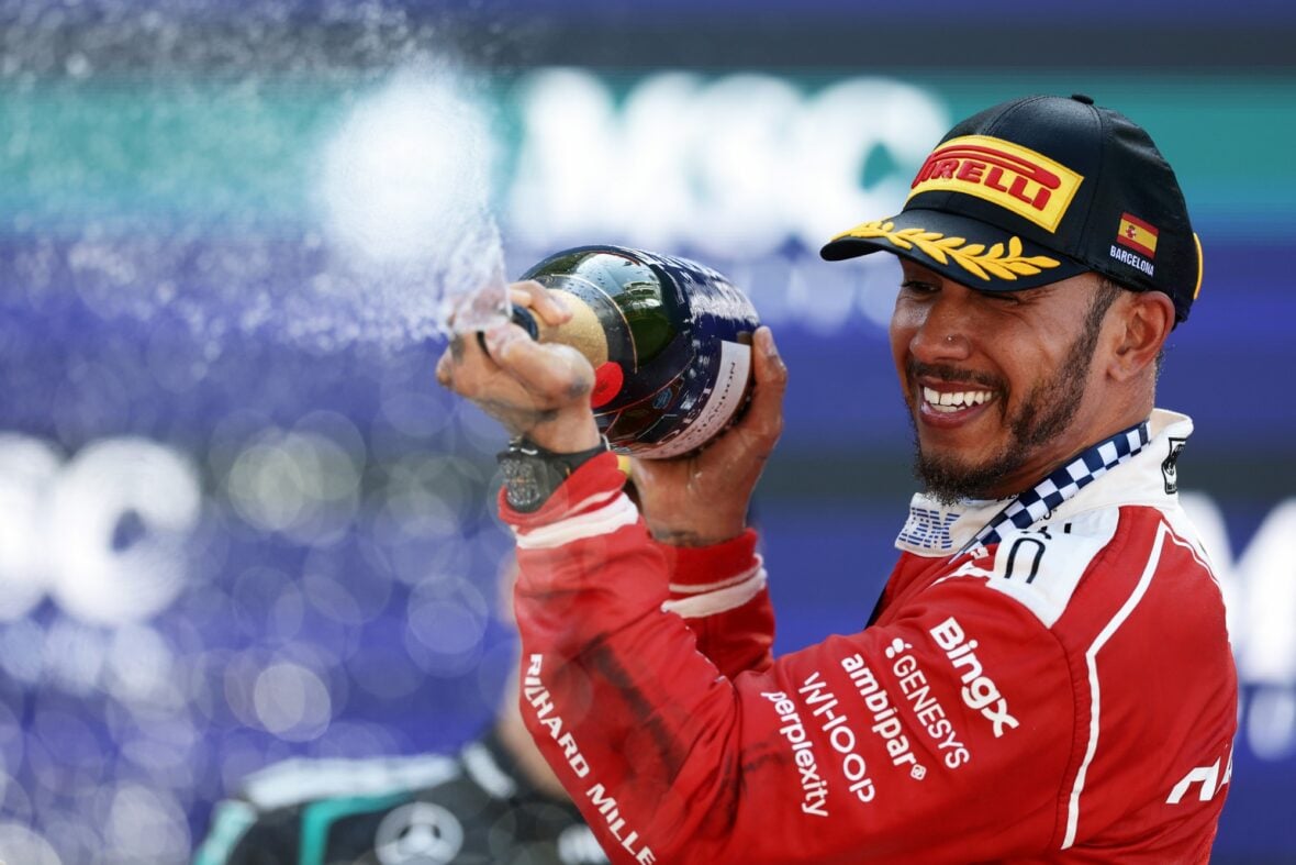 Lewis Hamilton celebrates winning Barcelona-Catalunya grand prix