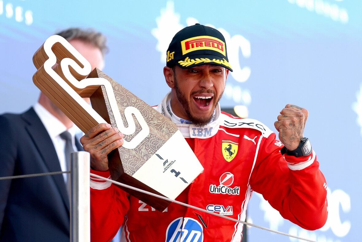 Lewis Hamilton celebrates winning Barcelona-Catalunya grand prix