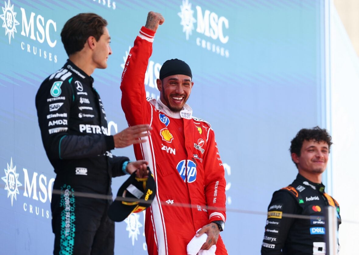 Lewis Hamilton celebrates winning Barcelona-Catalunya grand prix