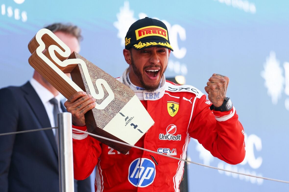 Lewis Hamilton celebrates winning Barcelona-Catalunya grand prix