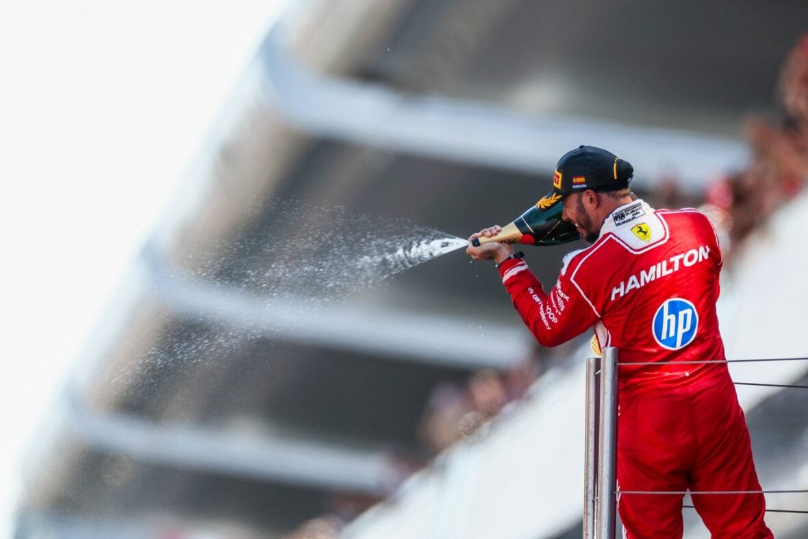 Lewis Hamilton celebrates winning Barcelona-Catalunya grand prix
