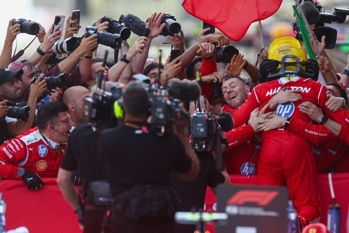 Lewis Hamilton celebrates winning Barcelona-Catalunya grand prix