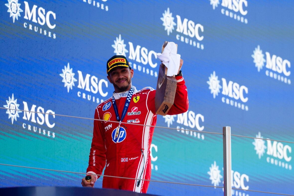 Lewis Hamilton celebrates winning Barcelona-Catalunya grand prix