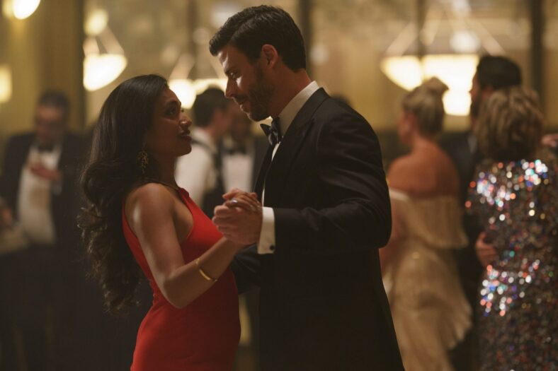 Still of Nadine Bhabha dancing with Francois Arnaud in Heated Rivalry season one