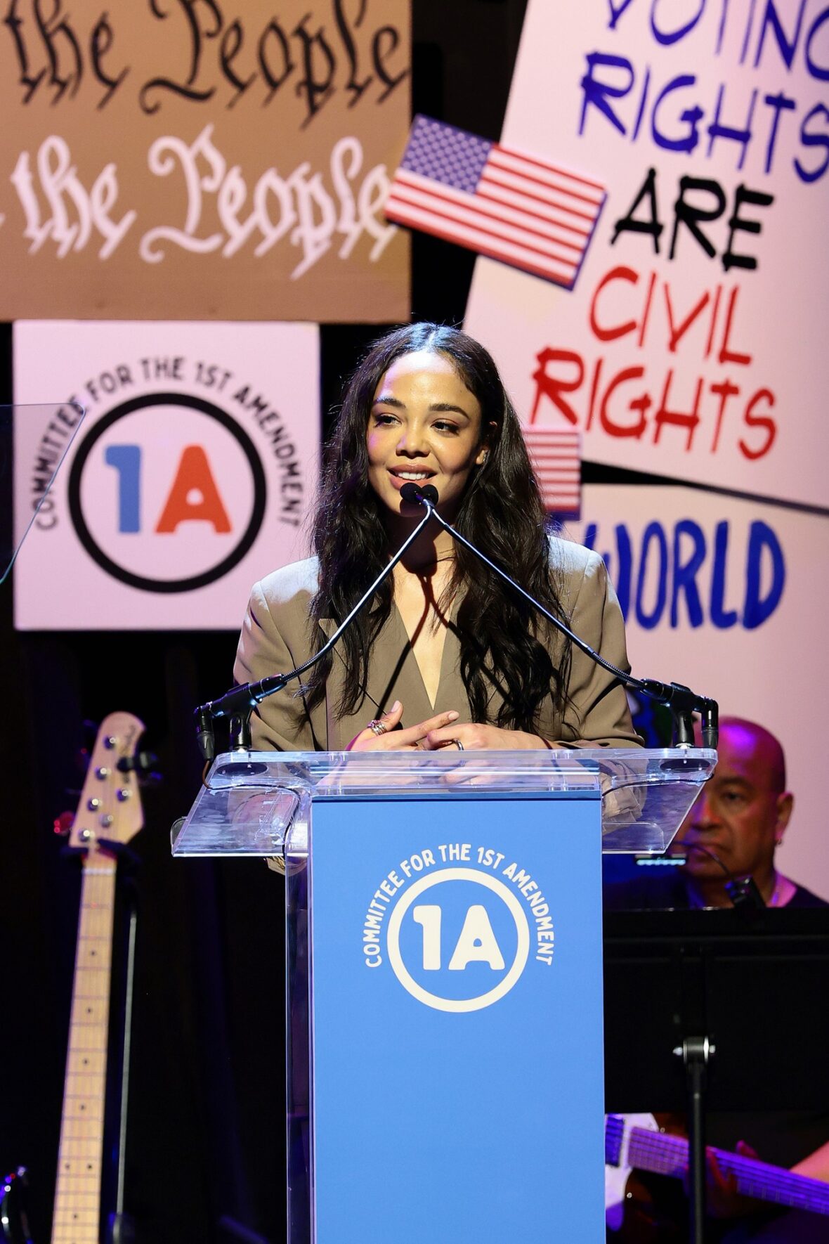 Tessa Thompson speaks onstage during the Rise Up, Sing Out: A Concert for the First Amendment