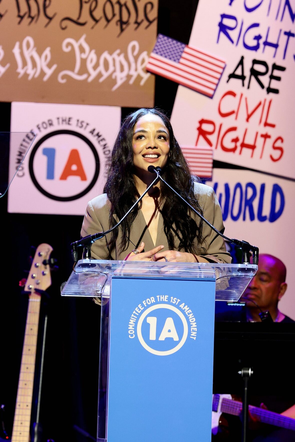 Tessa Thompson speaks onstage during the Rise Up, Sing Out: A Concert for the First Amendment