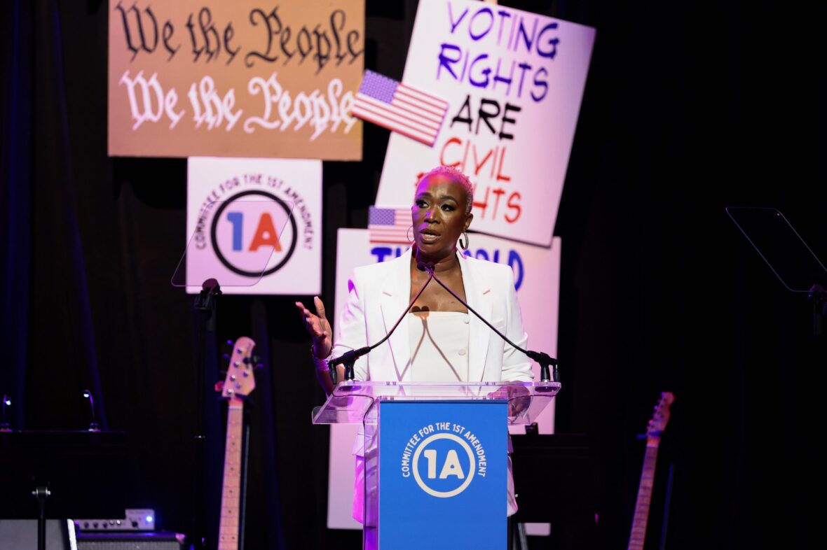 Jane Fonda speaks onstage during the Rise Up, Sing Out: A Concert for the First Amendment