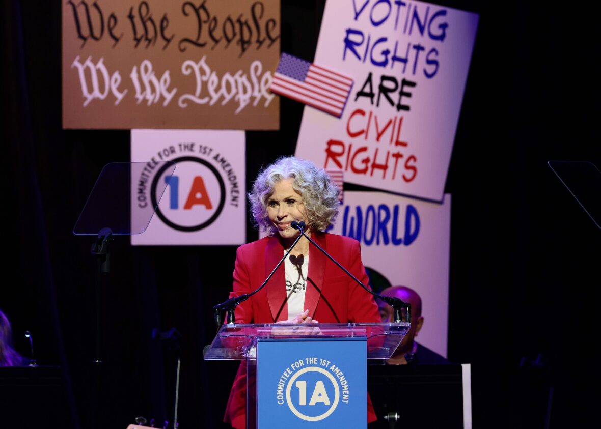Jane Fonda speaks onstage during the Rise Up, Sing Out: A Concert for the First Amendment