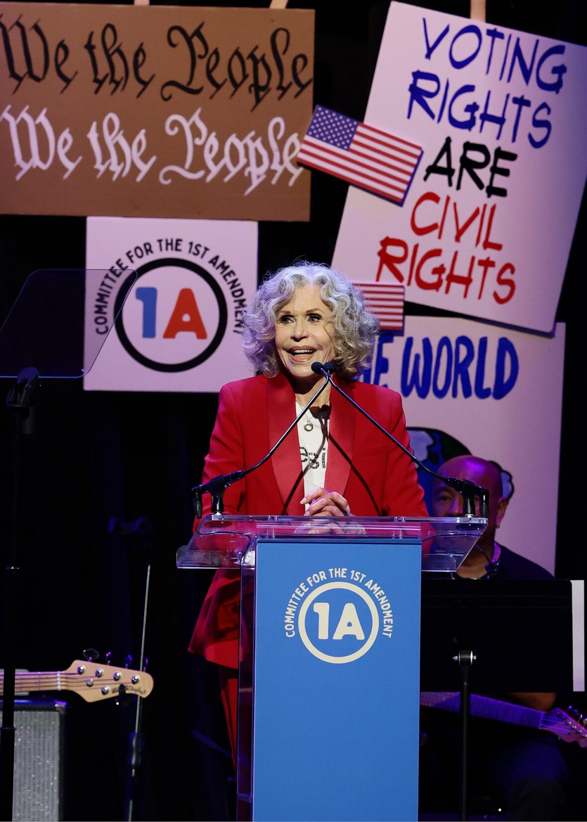 Jane Fonda speaks onstage during the Rise Up, Sing Out: A Concert for the First Amendment